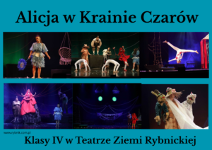 Plakat przedstawiający spektakl „Alicja w Krainie Czarów” w Teatrze Ziemi Rybnickiej – zdjęcia ze scen przedstawienia z udziałem aktorów w kostiumach i scenografii teatralnej; informacja o wyjściu klas IV.