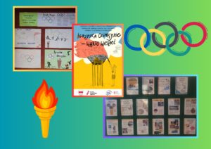 Kolaż o igrzyskach olimpijskich: prace uczniów z rysunkami i informacjami, plakat „Igrzyska olimpijskie – warto wiedzieć”, gazetka ścienna oraz symbole olimpijskie – znicz i pięć kół.