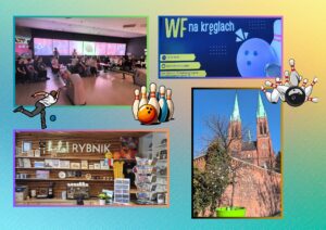 Kolaż o kręglach i Rybniku: grupa osób na kręgielni, grafika „WF na kręglach”, punkt „Halo! Rybnik” z pamiątkami oraz zdjęcie ceglanego kościoła z wieżami, uzupełnione ilustracjami kręgli i kuli.