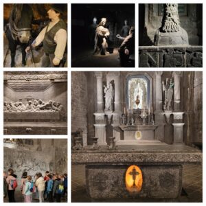 Kolaż zdjęć z kopalni soli w Wieliczce: solne rzeźby, kaplica z ołtarzem oraz grupa dzieci podczas zwiedzania.