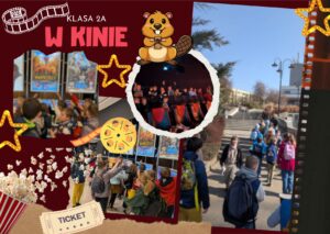 Kolaż zdjęć z wyjścia klasy 2a do kina i spaceru po mieście, ozdobiony motywami filmowymi.