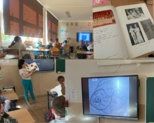 Kolaż zdjęć z lekcji w klasie.

Na górze po lewej uczniowie siedzą w ławkach i oglądają prezentację na ekranie. Po prawej widoczny jest zeszyt z notatką oraz stare fotografie dzieci w odświętnych strojach.

Na dole po lewej nauczycielka stoi przy tablicy i pokazuje uczniom książkę z archiwalnymi zdjęciami. Po prawej widoczny jest ekran z mapą miejscowości.

Całość przedstawia zajęcia szkolne związane z historią i oglądaniem dawnych fotografii.