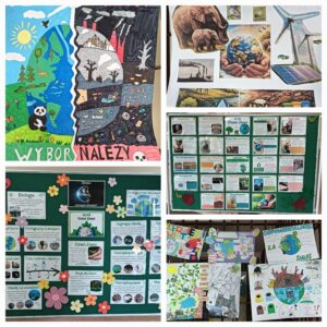 Kolaż zdjęć z pracami plastycznymi na Dzień Ziemi.