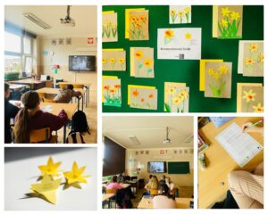 Kolaż zdjęć z klasy: uczniowie podczas lekcji, prace plastyczne z żółtymi kwiatami oraz zeszyt na ławce.