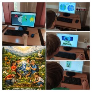  Kolaż dziecka pracującego przy komputerze nad grafikami o Dniu Ziemi i ochronie środowiska.