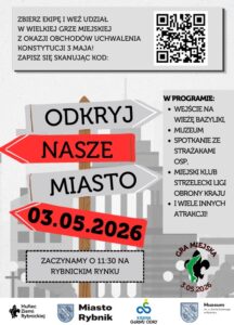 Plakat informujący o grze miejskiej z okazji święta 3 maja.