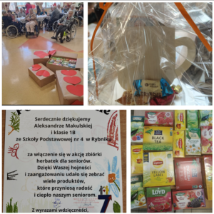 Kolaż zdjęć z akcji charytatywnej dla seniorów – przekazane upominki i herbaty, spotkanie z mieszkańcami domu opieki oraz podziękowanie za udział uczniów w zbiórce.