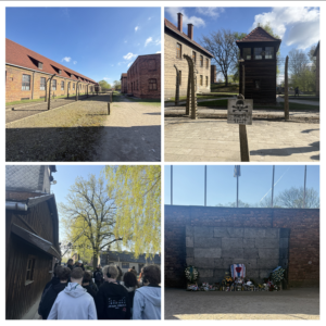 Kolaż: teren byłego obozu – baraki, ogrodzenia, wieża strażnicza, grupa zwiedzających i miejsce pamięci.