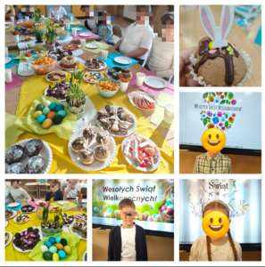 Kolaż zdjęć z obchodów Wielkanocy w klasie – stół z wielkanocnymi potrawami, pisankami i dekoracjami oraz dzieci uczestniczące w zajęciach.
