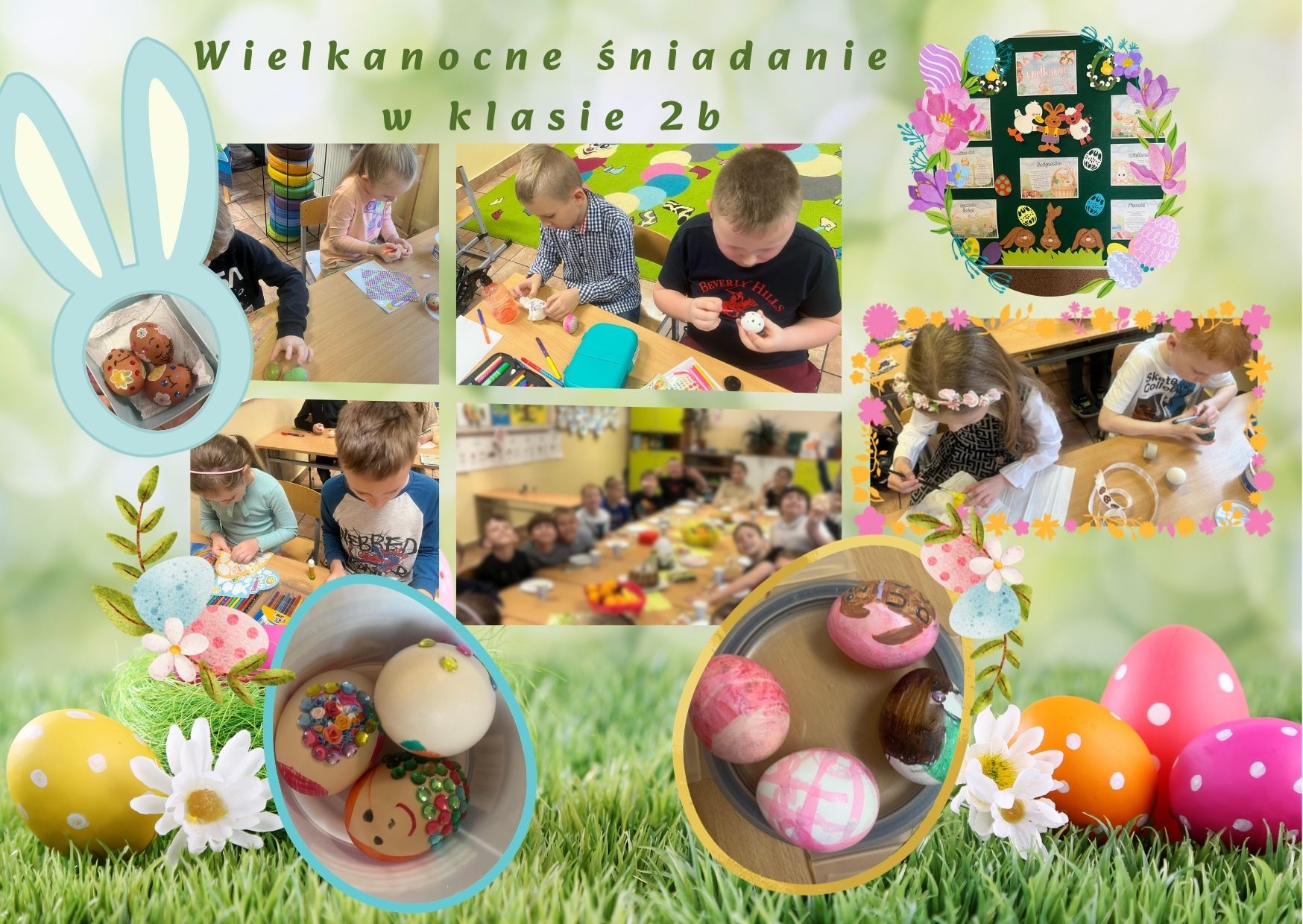 Plakat „Wielkanocne śniadanie w klasie 2b” ze zdjęciami uczniów przygotowujących ozdoby i wspólnie świętujących przy stole oraz dekoracjami wielkanocnymi.