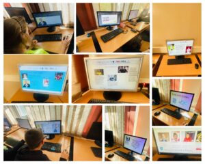 Kolaż przedstawiający uczniów pracujących przy komputerach podczas zajęć informatycznych. Na monitorach widoczne są prezentacje i projekty dotyczące znanych osób związanych z Rybnikiem.