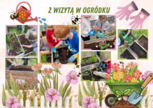 Kolaż przedstawiający dzieci podczas prac w szkolnym ogródku. Uczniowie sadzą rośliny, podlewają grządki i pielęgnują kwiaty w drewnianych skrzyniach. Grafika ozdobiona jest motywami kwiatów, pszczół i narzędzi ogrodniczych.