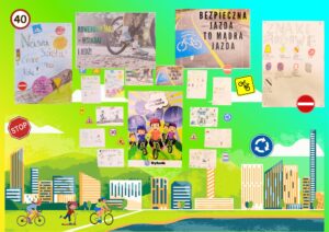 Kolaż przedstawiający prace uczniów i materiały edukacyjne związane z bezpiecznym poruszaniem się po drogach oraz jazdą na rowerze. Widoczne są rysunki, znaki drogowe i ilustracje przedstawiające ruch uliczny.