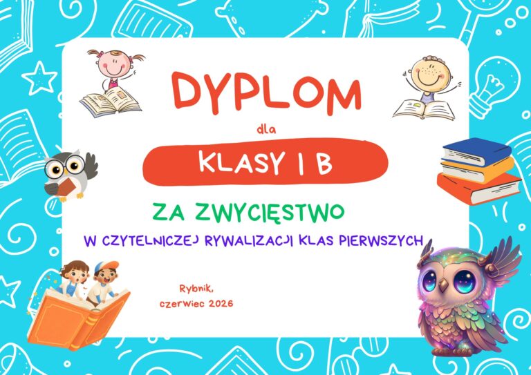 dyplom z napisem za zwycięstwo w czytelniczej rywalizacji klas pierwszych
