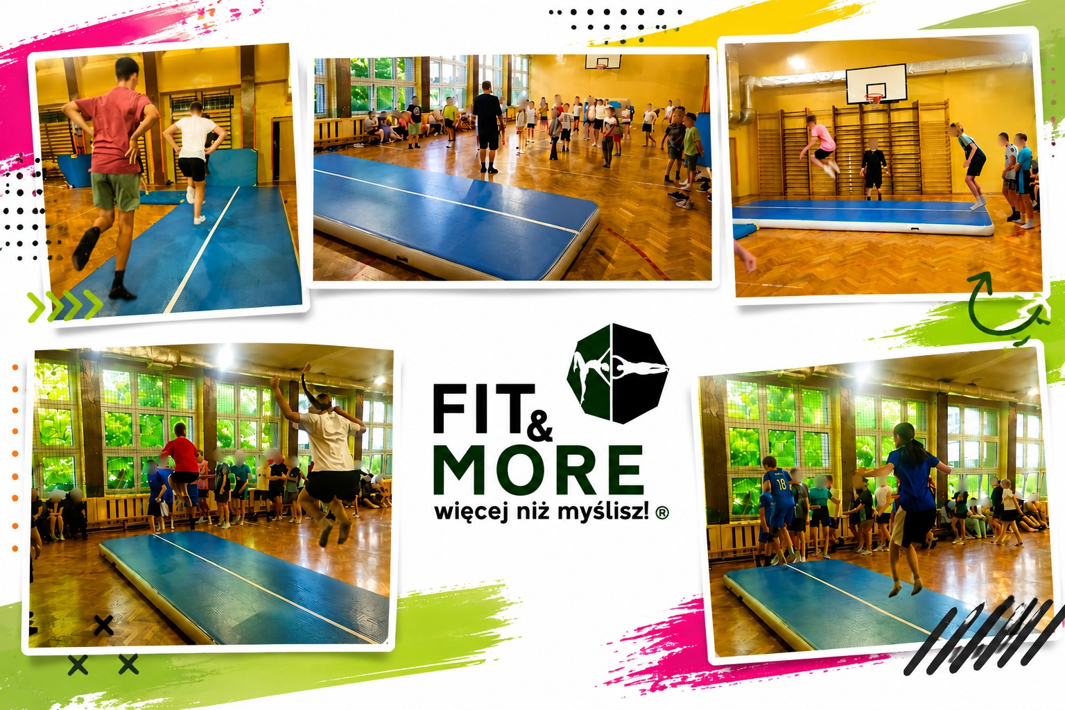 Kolaż zdjęć z zajęć sportowych programu „Fit & More”. Uczniowie uczestniczą w ćwiczeniach na sali gimnastycznej, wykonując skoki i aktywności ruchowe z wykorzystaniem dmuchanej ścieżki akrobatycznej. Zdjęcia ukazują zaangażowanie uczestników oraz atmosferę wspólnej aktywności fizycznej.