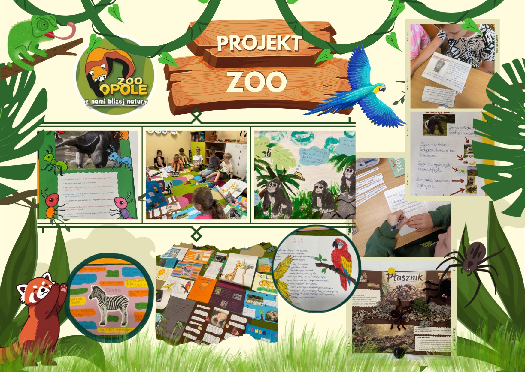 Kolaż zdjęć i prac uczniów wykonanych podczas realizacji projektu „Zwierzęta w ZOO” – zajęcia edukacyjne, prezentacje oraz prace plastyczne inspirowane zwierzętami.
