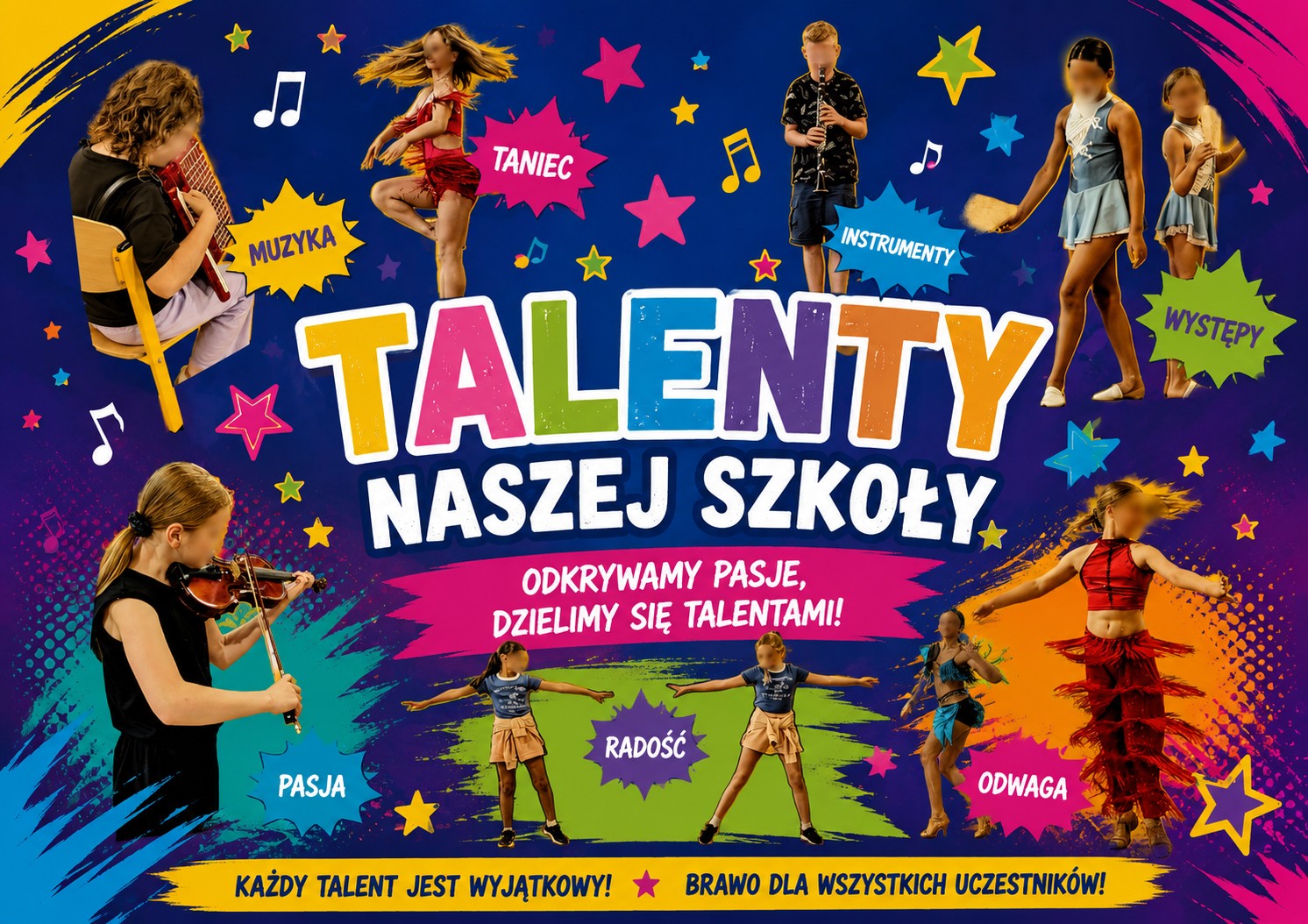 Plakat promujący szkolny pokaz talentów. Na kolorowym tle przedstawiono uczniów prezentujących swoje pasje, m.in. grę na instrumentach, taniec i występy artystyczne. Centralnie umieszczono napis „Talenty naszej szkoły” oraz hasło zachęcające do rozwijania zainteresowań i dzielenia się talentami. Całość podkreśla radość, pasję, odwagę i kreatywność uczestników.