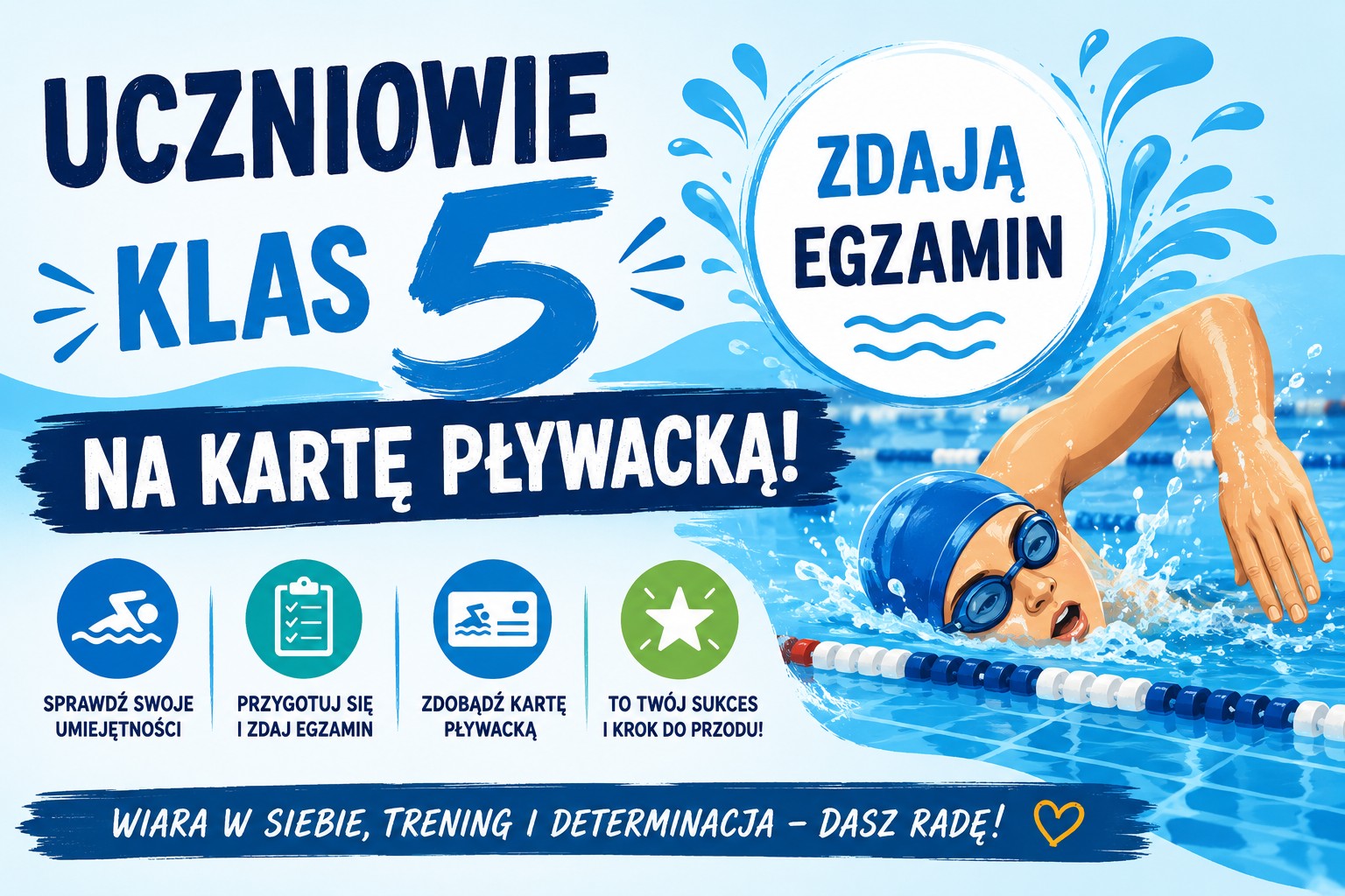 Grafika informująca o zdobyciu karty pływackiej przez uczniów klas 5.