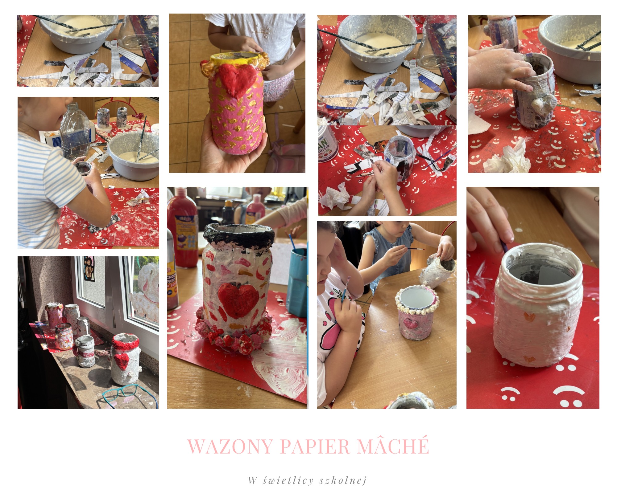 Kolaż zdjęć z zajęć plastycznych w świetlicy szkolnej – dzieci tworzą i ozdabiają wazony techniką papier mâché z papieru, kleju i farb. Widoczne etapy pracy oraz gotowe, kolorowe prace.