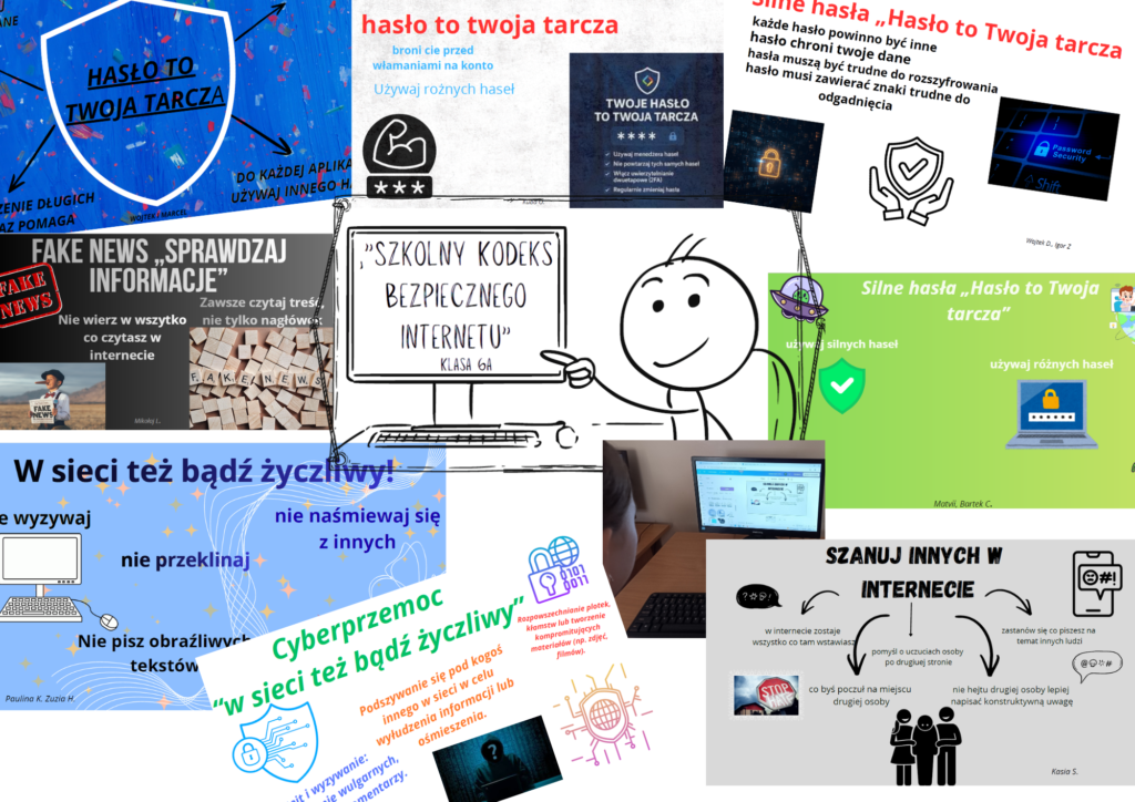 Kolaż prac uczniów poświęconych bezpieczeństwu w internecie. Na grafikach przedstawiono zasady tworzenia silnych haseł, rozpoznawania fake newsów, kulturalnego zachowania w sieci, przeciwdziałania cyberprzemocy oraz ochrony prywatności w internecie.