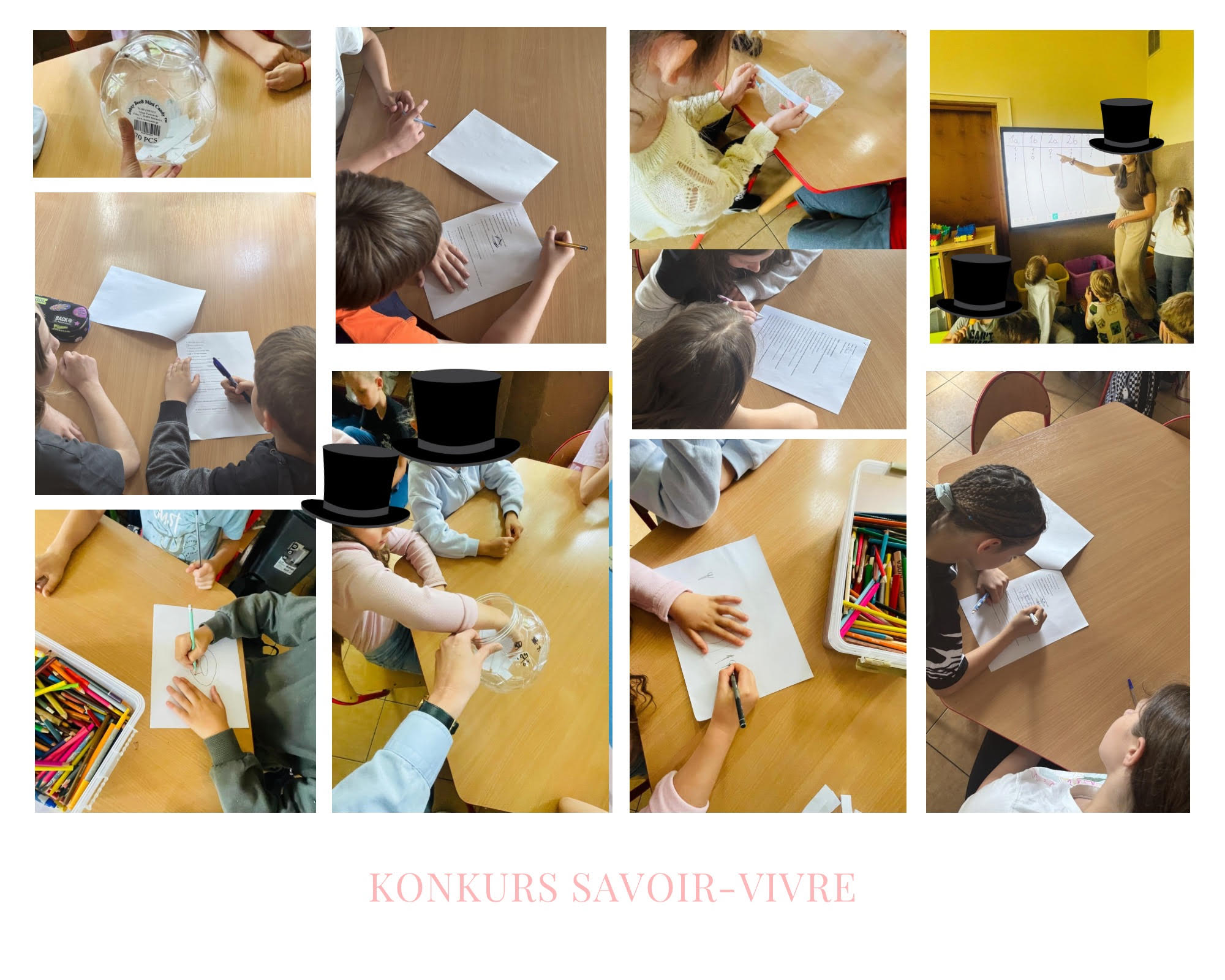 Kolaż zdjęć z konkursu savoir-vivre w świetlicy szkolnej – dzieci rozwiązują zadania, odpowiadają na pytania i biorą udział w aktywnościach związanych z zasadami dobrego zachowania. Widoczne są etapy konkursu oraz wspólna praca uczestników.