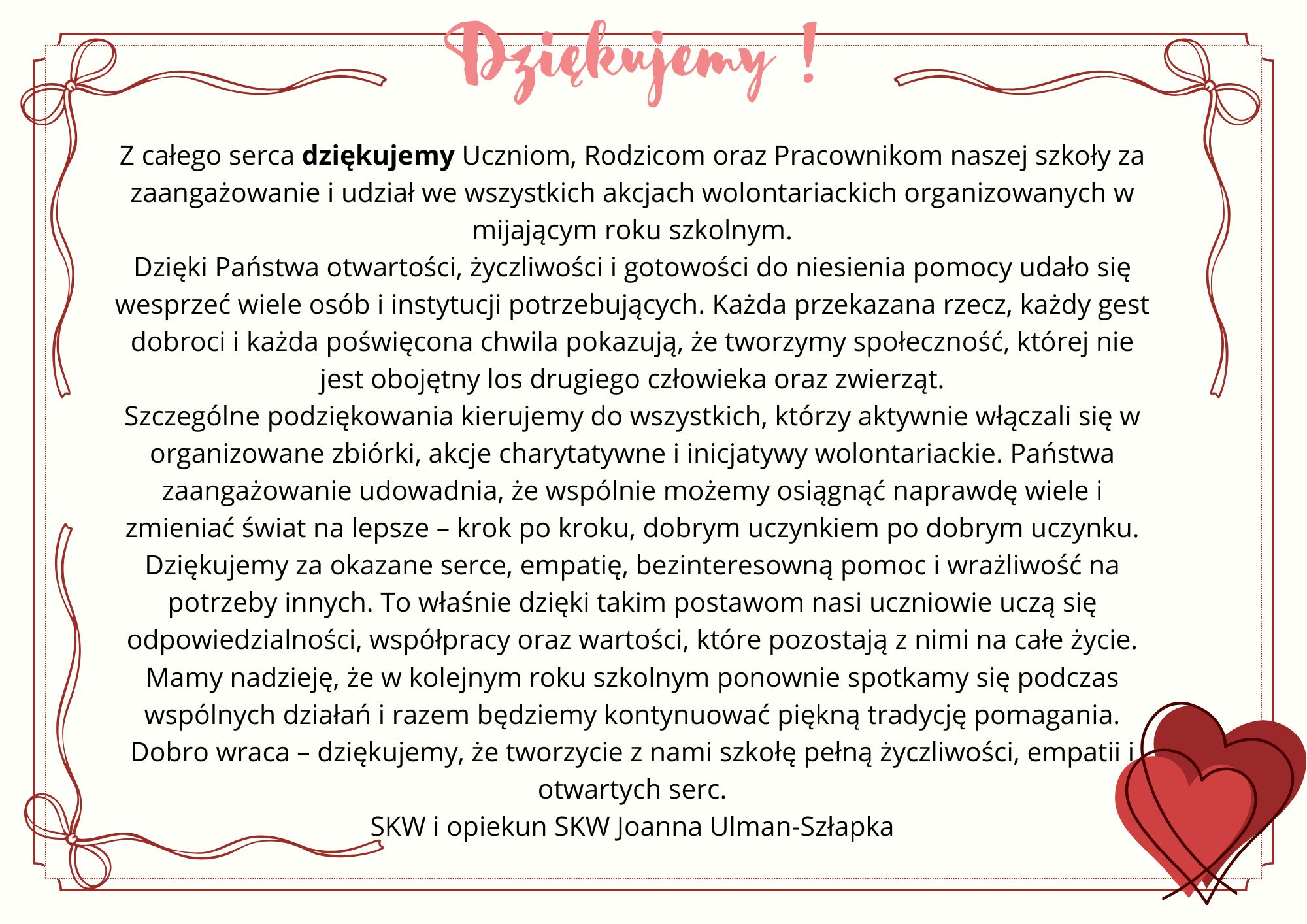 Podziękowanie za wolontariat.