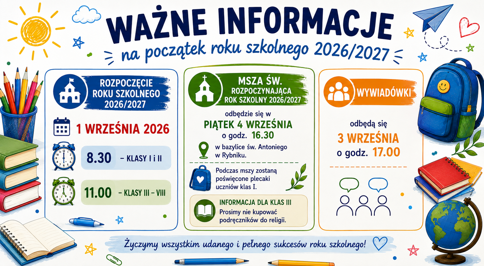informacja o rozpoczęciu roku szkolnego, mszy na rozpoczęcie roku i wywiadówkach