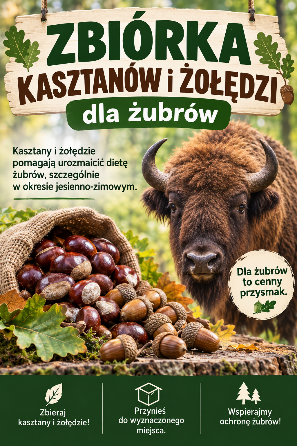 Plakat dotyczący zbiórki żołędzi dla żubrów