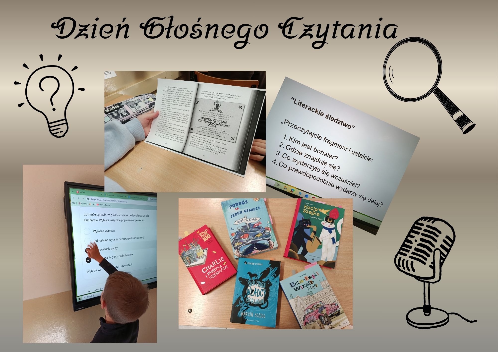 Grafika z okazji Dnia głośnego czytania, kolaż zdjęć z książkami i dziećmi.
