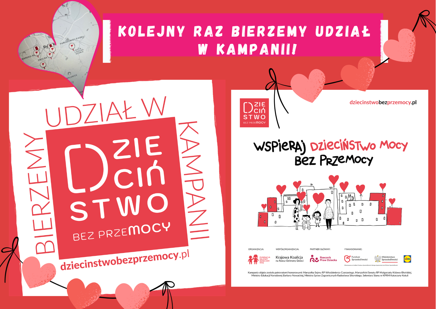 Grafika informująca o udziale szkoły w kampanii „Dzieciństwo bez przemocy”. Plakaty zachęcają do wspierania dzieci, przeciwdziałania przemocy i budowania bezpiecznego dzieciństwa. Hasło kampanii: „Wspieraj dzieciństwo mocy bez przemocy”.