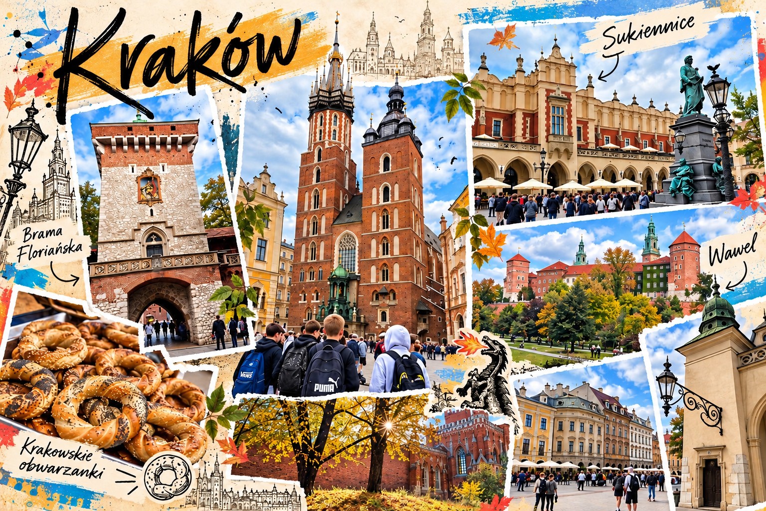 Kolaż przedstawiający najważniejsze atrakcje Krakowa: Bramę Floriańską, Kościół Mariacki, Sukiennice, Wawel, zabytkowe kamienice i krakowskie obwarzanki. Na zdjęciach widoczni są również uczniowie zwiedzający miasto.