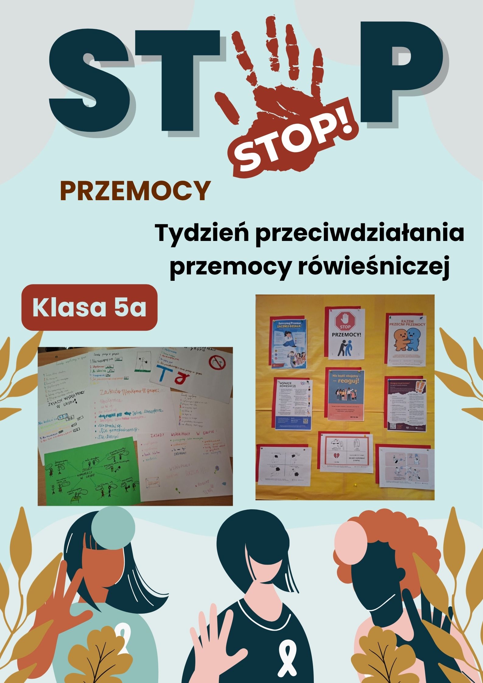 Kolaż zdjęć, wystawa prac z okazji dnia przeciwdziałania przemocy rówieśniczej.