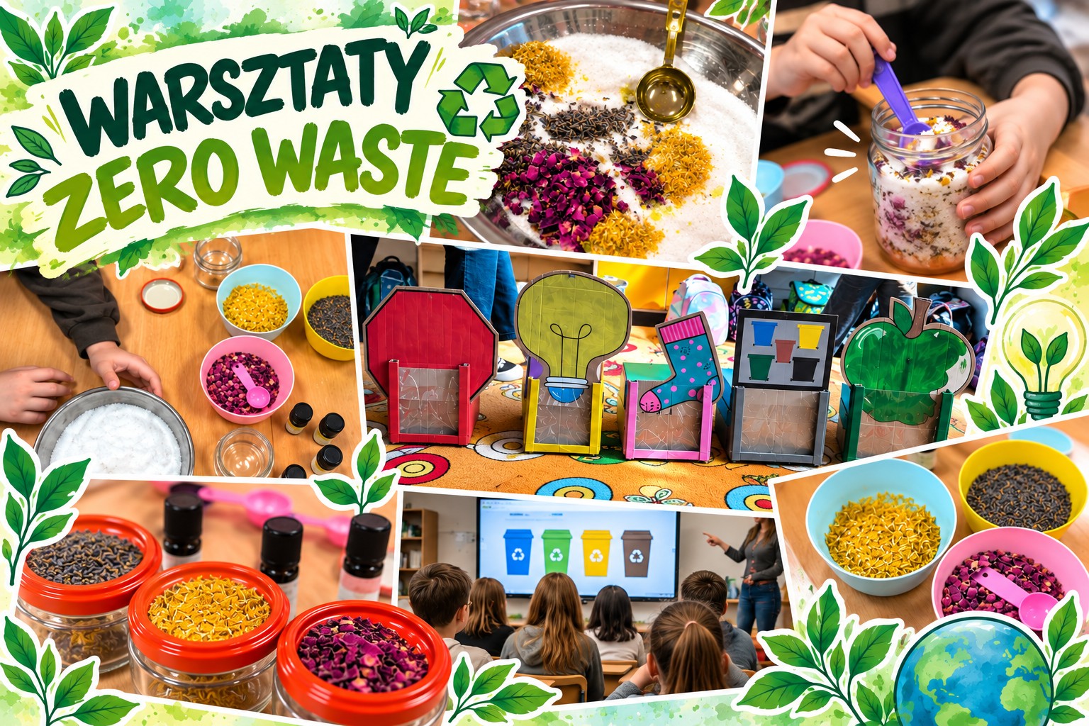 Kolaż przedstawiający warsztaty „Zero Waste – Kreatywna Ekopracownia”. Uczniowie poznają zasady segregacji odpadów i wykonują ekologiczne prace, wykorzystując naturalne składniki, suszone kwiaty i zioła. Grafika promuje recykling, kreatywność i troskę o środowisko.