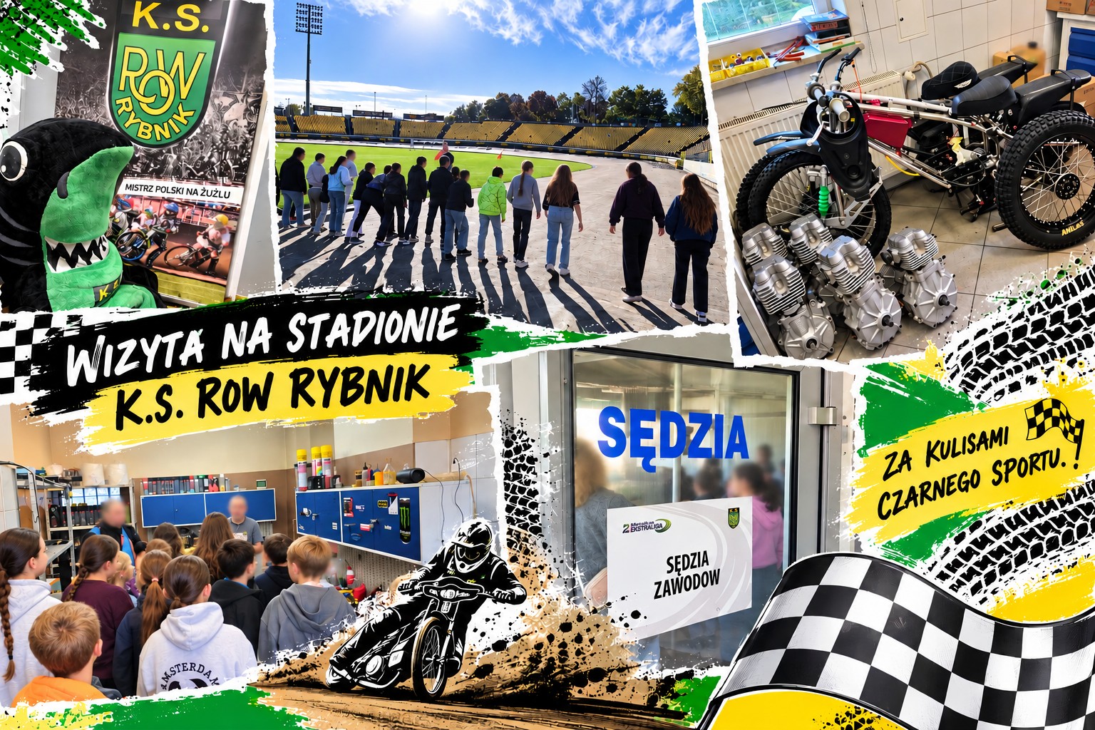Kolaż przedstawiający wizytę uczniów na stadionie żużlowym K.S. ROW Rybnik. Uczniowie zwiedzają stadion, poznają motocykle żużlowe i pracę sędziego zawodów.