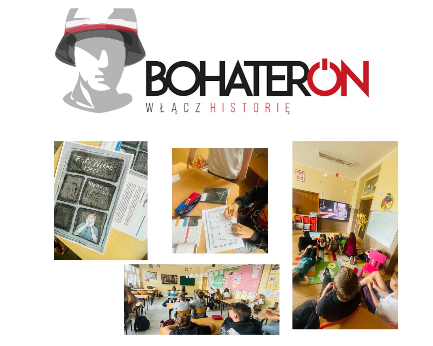 Kolaż zdjęć z realizacji projektu BohaterON – „Włącz historię” w szkole. Uczniowie poznają historię Powstania Warszawskiego, oglądają materiały edukacyjne, analizują ilustracje i wykonują zadania związane z historią Polski. Na zdjęciach widoczne są prace uczniów oraz zajęcia prowadzone w sali lekcyjnej.