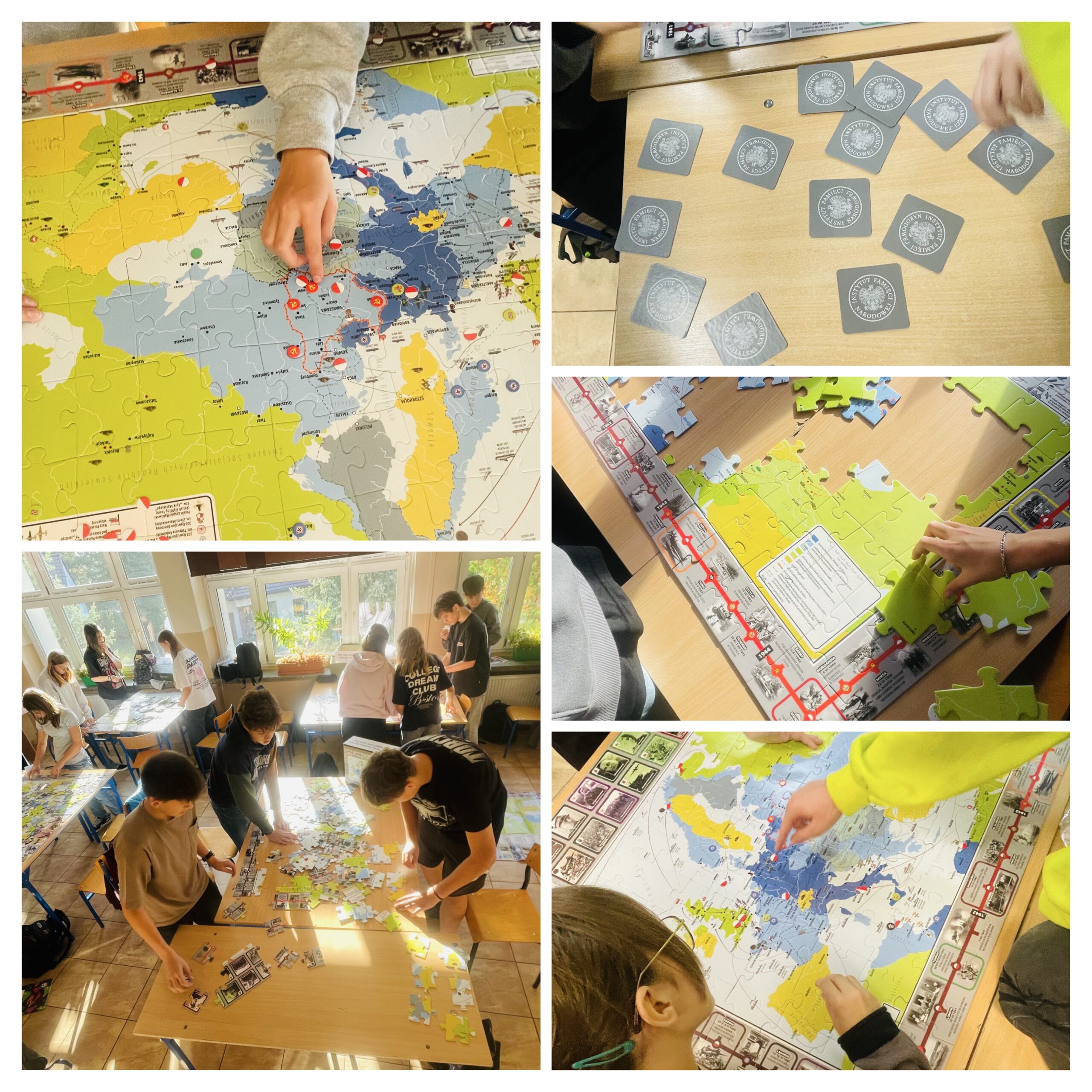 Uczniowie układają puzzle edukacyjne przedstawiające mapę Europy, poznają jej kraje i ich położenie oraz rozwiązują zadania z wykorzystaniem kart z symbolami Narodowego Instytutu Pamięci.