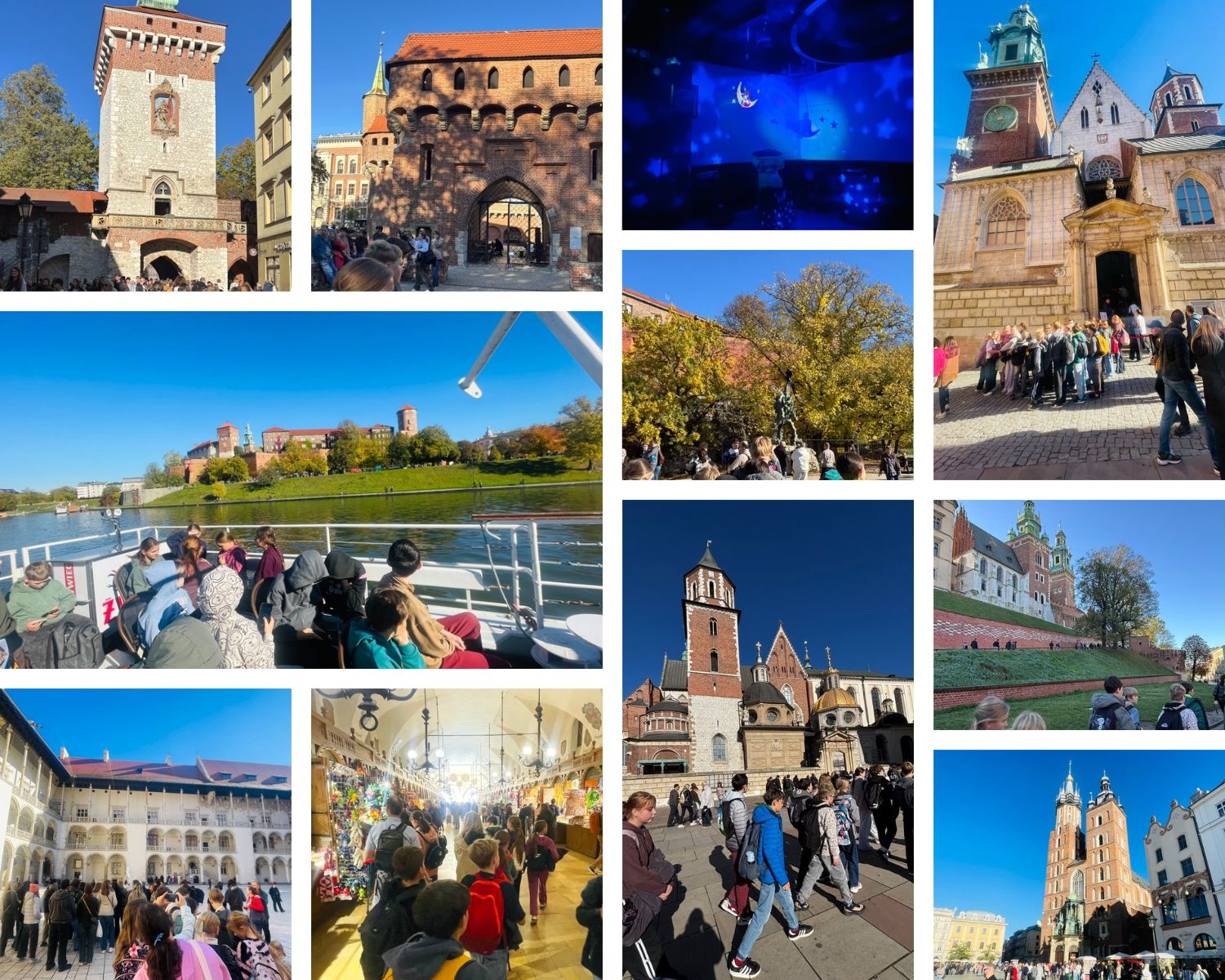 Kolaż zdjęć z wycieczki szkolnej do Krakowa. Uczniowie zwiedzają zabytkowe centrum miasta, oglądają Bramę Floriańską, Rynek Główny, Sukiennice i kościół Mariacki. Na zdjęciach uwieczniono również spacer po Wawelu, rejs statkiem po Wiśle oraz wizytę w interaktywnej przestrzeni edukacyjnej.