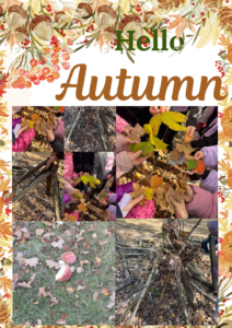 Kolaż „Hello Autumn” przedstawiający jesienne zajęcia przyrodnicze uczniów klasy 1a. Dzieci poznają przyrodę jesienią, obserwują liście i wykorzystują dary natury do wspólnych aktywności.