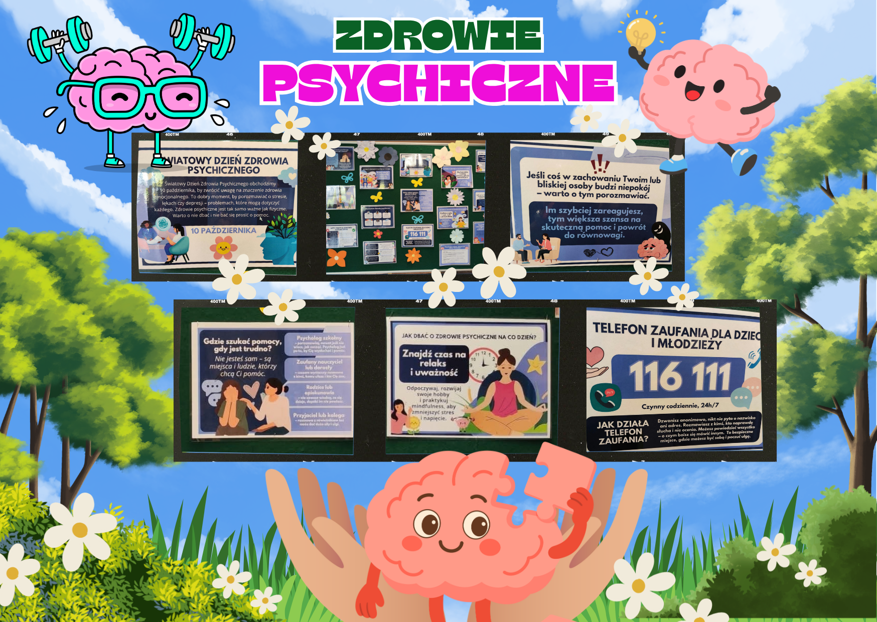 Gazetka szkolna z okazji Światowego Dnia Zdrowia Psychicznego, przedstawiająca sposoby dbania o dobrostan psychiczny, znaczenie odpoczynku i rozmowy o emocjach oraz informacje o możliwościach uzyskania pomocy. Widoczny numer Telefonu Zaufania dla Dzieci i Młodzieży: 116 111.